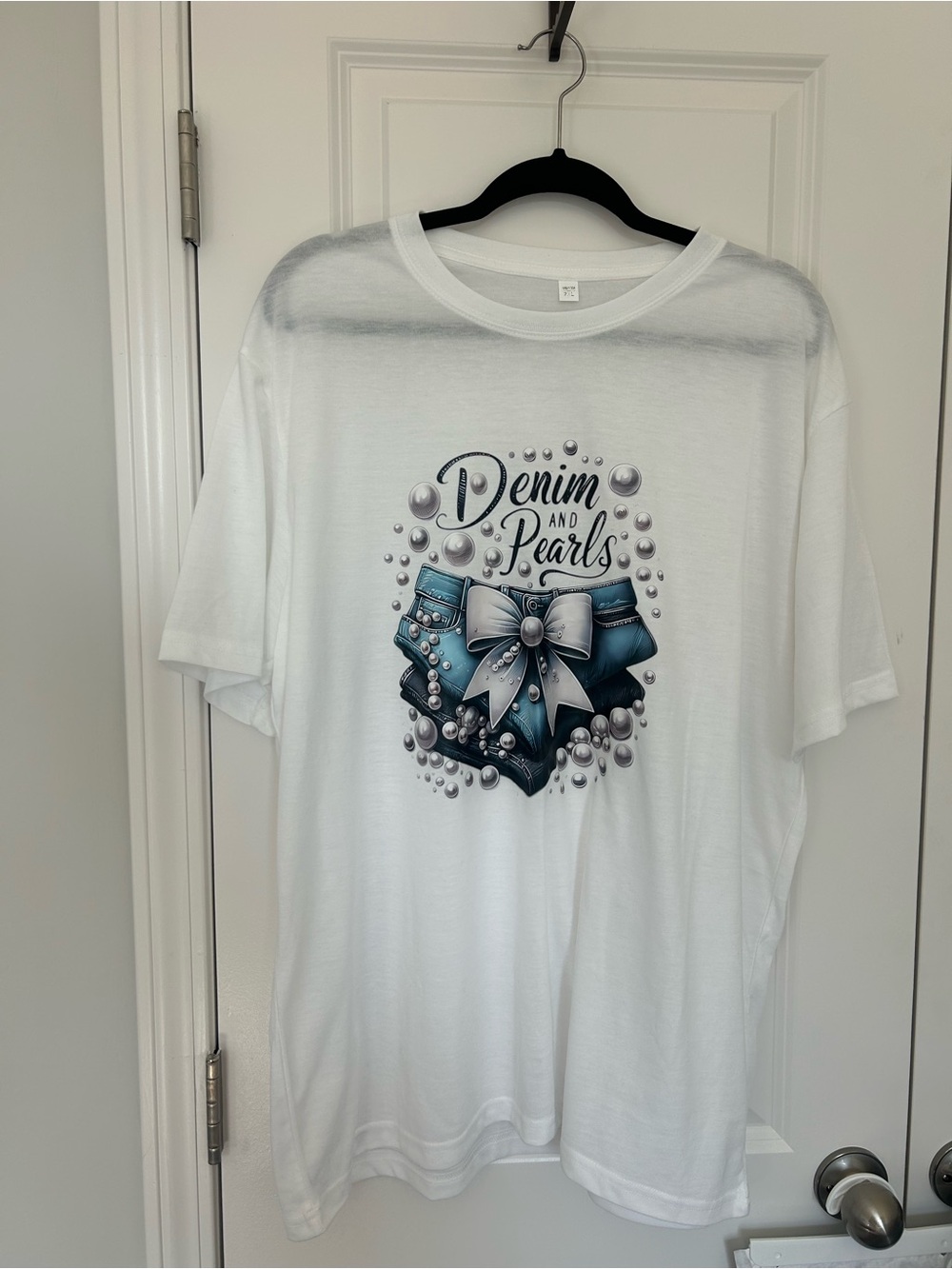 Women’s Denim and Pearls Graphic White T‑Shirt. Size 2x